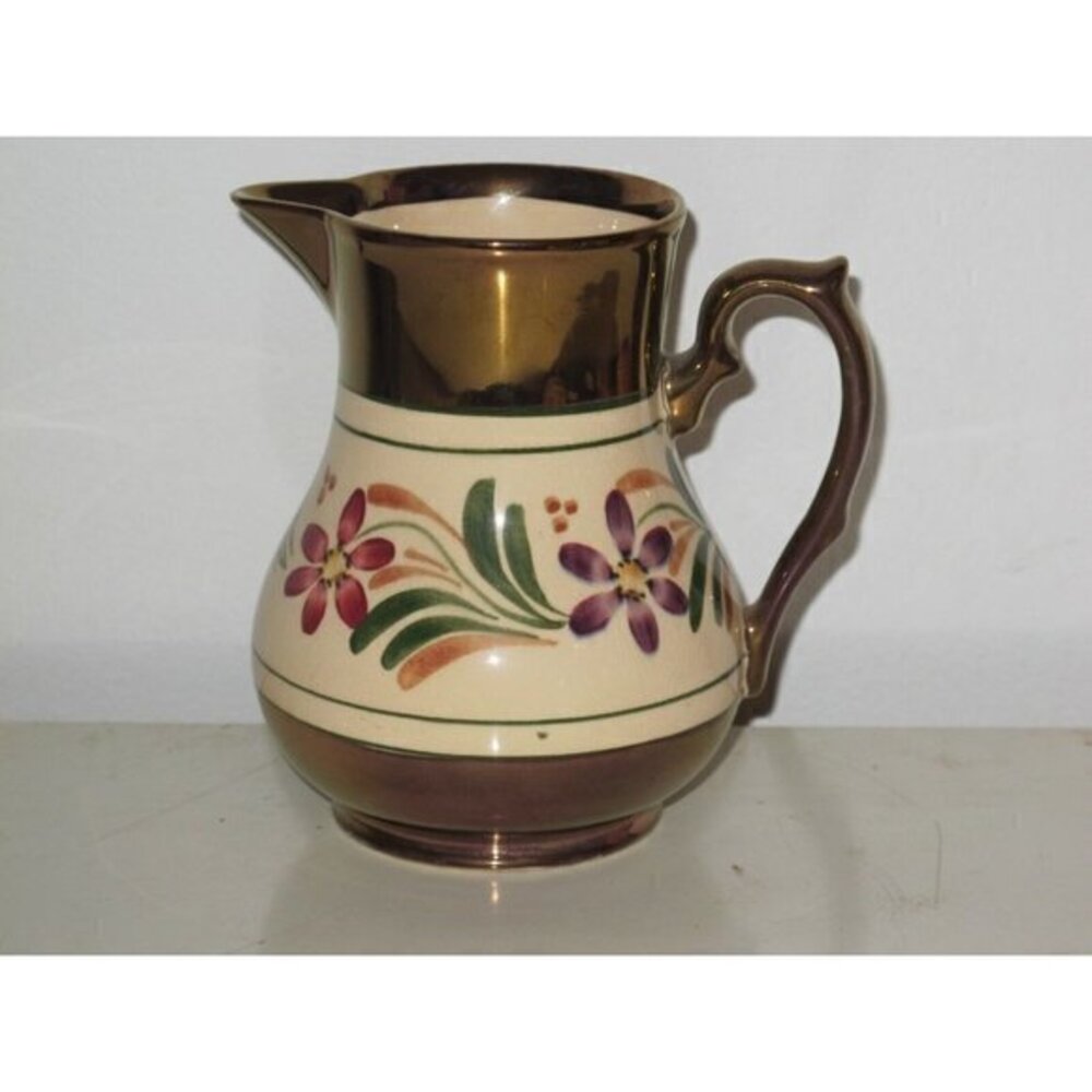 Wade Copper Lusterware Pitcher Leaves Purple Pink Flower 5" tall 18 oz